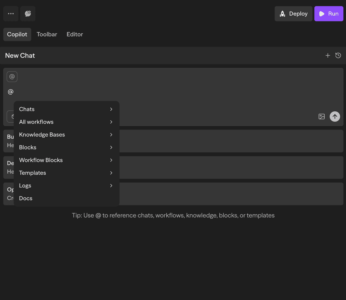 Copilot-Kontextmenü mit verfügbaren Referenzoptionen