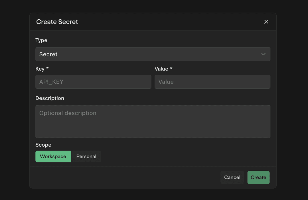 Create Secret dialog with fields for key, value, description, and scope toggle