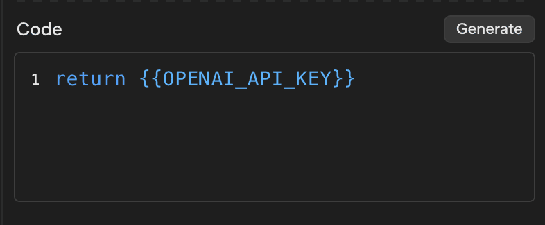 Typing {{ in a code block opens a dropdown showing available workspace secrets