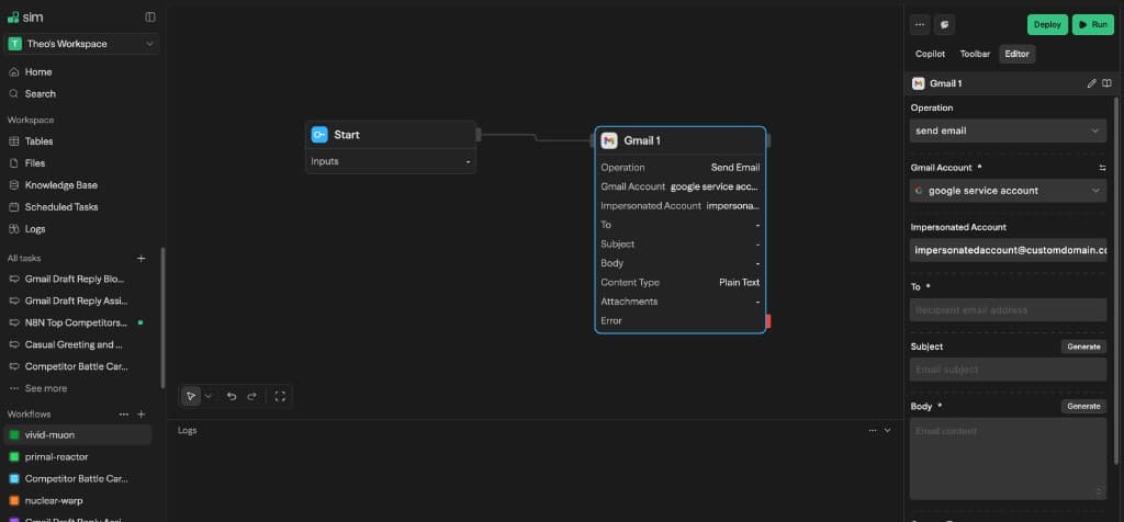 Gmail block in a workflow showing the Impersonated Account field with a service account credential